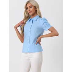 Check out this stylish button-down shirt with a pointed collar, full placket, and puff short sleeves. It's made of lightweight, soft cotton fabric that drapes beautifully and ensures all-day comfort. The short puff sleeves add a feminine touch and detail to any workwear look. Pair this versatile shirt with shorts, work pants, or casual jeans for a chic office ensemble. Puff Sleeve Shirt For Work, Classic Puff Sleeve Shirt With Button Closure, Puff Sleeve Shirt With Button Closure For Work, Cotton Puff Sleeve Shirt With Button Cuffs, Short-sleeved Office Shirt With Button Cuffs, Short Sleeve Shirt With Rolled Sleeves For Office, Office Shirt With Puff Sleeves And Button Closure, Office Shirt With Rolled Short Sleeves, Blue Puff Sleeve Shirt For Work