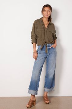 Elevate your summer wardrobe with this stylish Sanctuary button-down. Designed with a tie-front hem, this chic shirt is crafted in linen-blend fabric with long sleeves and utility-style chest pockets. You'll love it paired with jeans, shorts, or wide leg pants. | SANCTUARY Women's Utility Pocket Shirt, Size XL, Green Chic Shirts, Utility Style, Pocket Shirt, Jeans Shorts, Summer Wardrobe, Linen Blend, Chest Pocket, Leg Pants, Wide Leg Pants