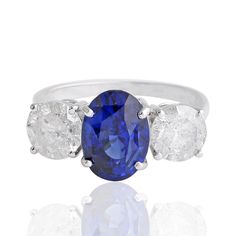 Blue Sapphire Gemstone H/SI Diamond Ring 14k White Gold September Birthstone Classic Diamond Gemstone With Center Stone, Three Stone Diamond Gemstones For Anniversary, Classic Diamond Ring With Round Gemstone, Classic 14k White Gold Diamond Ring With Gemstone, Classic Multi-stone Diamond Rings, Classic Rings With Three Round Stones, Classic Sapphire Diamond Ring With Round Stone, Classic Oval Three Stone Cluster Ring, Classic Rings With Accent Stones