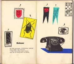 an open book with drawings and pictures on the pages that include telephones, books