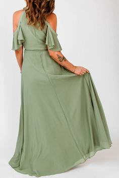 Green Cold Shoulder Flutter Sleeves Maxi Dress Summer Bridesmaid Maxi Dress With Flutter Sleeves, Chic Green Dress With Butterfly Sleeves, Flowy Bridesmaid Dress With Ruffle Hem, Solid Color Flutter Sleeve Spring Dresses, Solid Color Flutter Sleeve Dresses For Spring, Spring Dresses With Flutter Sleeves In Solid Color, Solid Spring Dress With Flutter Sleeves, Flowy Flutter Sleeve Dresses, Solid Summer Dress With Butterfly Sleeves