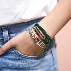 Take the guesswork out of that must-have layered look with our 10-strand bracelet packs! Perfectly curated into stacks that look great when worn together to make a statement, but can also be worn separately for a minimal aesthetic. Plus, they look great styled on either side of your watch! Style tip: Our Desert colorway is a crowd favorite for a reason - these nature-inspired hues pair perfectly with a wide arrange of wardrobe aesthetics. We suggest wearing these with your go-to little black dre Beaded Bracelet Stack, Black Confetti, Bracelet Pack, Thread Bracelets, Minimal Aesthetic, Creative Stuff, Stackable Bracelets, Craft Jewelry, Stretchy Bracelets