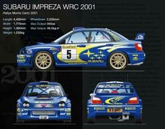 the subaru impreza wrc car is shown in three different colors and sizes