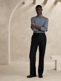 Expertly tailored with modern proportions, this straight-leg dress pant is cut straight through the leg with a full break at the hem.  For fabric, our designers selected a favorite wool in a Barathea weave.  High-rise, straight leg.  Fabric sources from Italy's Marzotto Mill.  Zip-fly with button closure.  Front and back crease.  Front and back pockets.  Lined to the knee.  High-rise.  Straight fit.  Inseams: Short: 29. 5", Regular 31. 5", Long 33. 5" Model: Size 32x32, 6'2" (188cm). Straight Leg Suit Pants Men, Formal All Black Outfit Men, Normcore Men, Straight Pants Outfit, Straight Leg Pants Men, Male Suit, Men Styling, Formal Pant, Black Outfit Men