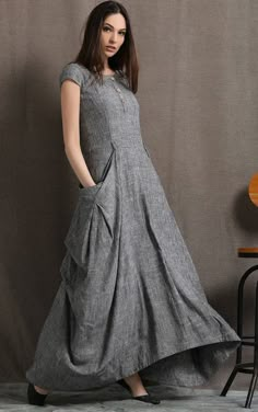 Gray Linen Dress Long Maxi Boho Style Short Sleeved by YL1dress Sukienki Maksi, Skirt Patterns, Summer Shift Dress, Mode Hippie, Linen Dress Women, Long Linen Dress, Boho Style Outfits, Diy Skirt, Gray Linen