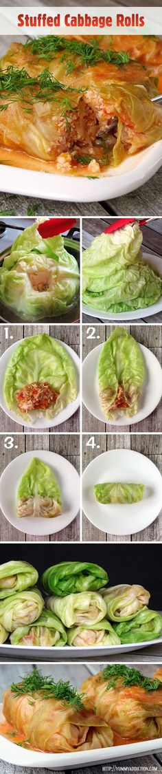 the steps to make stuffed cabbage rolls with meat and vegetables on them are shown in pictures