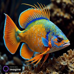 an orange and blue fish is swimming in the water