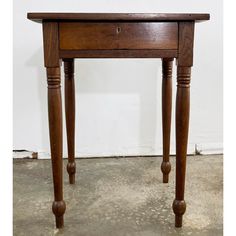 Antique handmade wood side table with single drawer. Simple classic shape with a beautiful patina, turned legs and carved ball feet. Drawer features decorative brass keyhole but no key. No knob. Interior drawer measures 13" x 13" square.  Vintage age wear. Repaired crack to top. Sturdy construction. No key, no knob to drawer. Antique Side Table, Side Table With Drawer, Wood Side Table, Vintage Side Table, Wooden Side Table, Antique Wood, Antique Table, Side Table Wood, How To Antique Wood