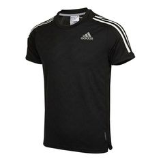 Adidas Own the Run Tee Sports Training Stripe Round Neck Short Sleeve Black H36450 (Men's) Sporty T-shirt With Three Stripes For Sports, Adidas Sportswear T-shirt For Gym, Sportswear T-shirt With Three Stripes For Workout, Workout T-shirt With Adidas Branding, Adidas Logo Athletic Fit Short Sleeve Activewear, Adidas Three Stripes Workout T-shirt, Adidas Activewear With Athletic Fit And Short Sleeve, Sporty Athletic Fit T-shirt For Sports, Sporty Workout T-shirt With Three Stripes