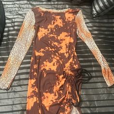 Body Con Asymmetrical Dress With Adjustable At The Bottom Orange Tight-fit Dress With Asymmetrical Hem, Orange Fitted Dress With Asymmetrical Hem, Trendy Orange Dress For Fall, Trendy Orange Fall Dress, Orange Ruched Dresses For Fall, Fall Party Orange Midi Dress, Sheer Dress, Orange Brown, Asymmetrical Dress