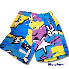 Reason Brand Pop Art Cartoon Comic Book Beach Shorts Multi-Color Rsn Great Pair Of Shorts That Go Great With A Plain Colored T-Shirt & A Pair Of Jordans, Air Force 1s, Or Shell-Toe Superstar Adidas! No 2 Prints Are Alike. Each Pair Have A Different Graphic Mash-Up. Elastic Waist, Drawstring Closure, Slash Pockets, & Stretch Fabric Material. Mpn: A1-231 Msrp: $49 Multicolor: Blue, Aqua, Teal, White, Yellow, Black, Purple Sizes: S, M, L 100% Polyester New W/Tags Sb Dunk, Max, Zoom, Kyrie, Kobe, Le Summer Casual Bottoms With Cartoon Print, Casual Multicolor Bottoms With Graphic Print, Casual Multicolor Graphic Print Bottoms, Multicolor Graphic Print Bottoms For Summer, Casual Printed Blue Bottoms, Fun Multicolor Bottoms With Graphic Print, Playful Bottoms With Cartoon Print For Summer, Casual Blue Bottoms With Graffiti Print, Casual Blue Printed Bottoms