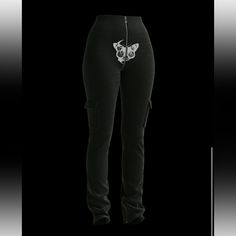 Size Xs Black Butterfly Pants. Brand New With Tags! Never Worn Fitted Cargo Trousers For Night Out, Fitted Black High-waisted Cargo Pants, Fitted Pants With Cargo Pockets For Night Out, Fitted Straight Cargo Pants For Night Out, Fitted Straight Leg Cargo Pants For Night Out, Chic Fitted Bottoms With Cargo Pockets, Black Fitted High Waist Cargo Pants, Fitted Cargo Bottoms For Night Out, Chic Black Fitted Cargo Pants