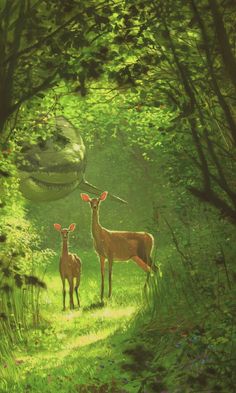 two deer standing in the middle of a lush green forest next to a large rock