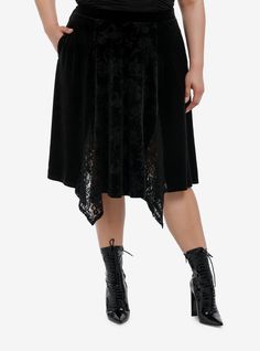 Channel those witchy vibes in this black velvet midi skirt! Featuring ram  scorpion and celestial designs debossed allover  plus godet lace panels. Comes with an elasticated waistband and side seam pockets.93% polyester; 7% spandexWash cold; dry lowStretchy materialLength: 36''ImportedModel is 5'10''Model wears size 1 Cosmic Aura, Pleated Skirt Plus Size, Chain Skirt, Light Blue Plaid, Velvet Midi Skirt, Skirt Collection, Plus Size Skirt, Plaid Pleated Skirt, Latest Skirts