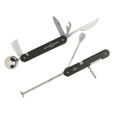 two swiss army knifes with tools attached to the handle and blades on each side