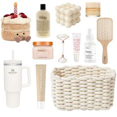 the contents of a beauty product displayed on a white background, including hair brush, body lotion, and other items