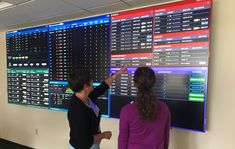 two women standing in front of a large screen with numbers and times displayed on it