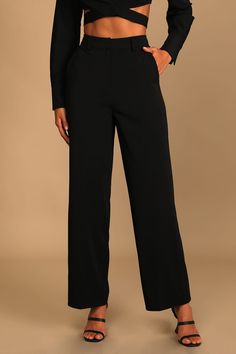 Chic Career Straight Pants, Chic Straight Career Pants, Chic Wide Leg Career Pants, Chic Solid Color Work Pants, Chic Fall Career Bottoms, Chic Straight Leg Career Bottoms, High Waist Work Pants For Business Casual, Solid High Waist Work Pants For Business Casual, Stretch High Waist Work Pants