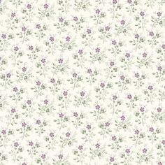 a white and purple floral wallpaper with small pink flowers on the bottom right corner