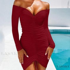 Lasaky - Sensual Off-Shoulder Long-Sleeved Dress with Pleated Hip-Hugging Skirt Off-shoulder Bodycon Dress For Date Night In Fall, Chic Long Sleeve Off Shoulder Ruched Dress, Chic Long Sleeve Ruched Off Shoulder Dress, Fitted Off-shoulder Mini Dress For Fall, Fall Fitted Off-shoulder Mini Dress, Off Shoulder Long Sleeve Ruched Dress For Date Night, Long Sleeve Ruched Off Shoulder Dress For Date Night, Date Night Long Sleeve Ruched Off-shoulder Dress, Fall Off-shoulder Ruched Bodycon Dress