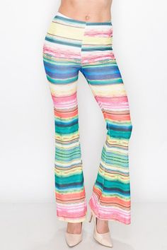 Elastic waist poly/spandex/rayon High Waist Yoga Pants With 4-way Stretch For Spring, Green 4-way Stretch Elastane Pants, Tight Full-length Summer Pants, Multicolor High Waist Pants With Elastic Waistband, Multicolor High-waisted Pants With Elastic Waistband, Multicolor Flare Pants For Summer, Multicolor Flare Summer Pants, Casual Flare Bottoms With Elastic Waistband, Casual Flare Bottoms With High Stretch