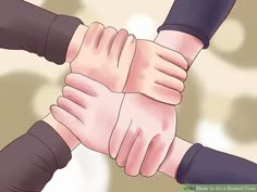 several hands are stacked on top of each other to form a fist bump in front of the camera