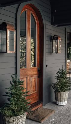 two potted christmas trees sitting on the front steps of a house with an arched wooden door