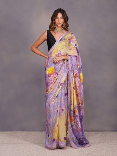 Lavender Big Flower Print Saree With Unstiched Blouse (Set of 2) By Devyani Malhotra now available at Trendroots Cotton Silk Pre-draped Saree With Printed Motifs, Elegant Multicolor Cotton Silk Pre-draped Saree, Elegant Multicolor Pre-draped Saree With Printed Border, Designer Multicolor Tissue Silk Pre-draped Saree, Semi-stitched Silk Pre-draped Saree With Printed Motifs, Silk Pre-draped Saree With Printed Border For Navratri, Elegant Pre-draped Saree With Printed Border For Designer Wear, Designer Tussar Silk Pre-draped Saree With Printed Border, Pre-draped Cotton Silk Saree With Printed Motifs