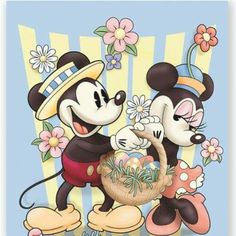 two cartoon mouses holding a basket with flowers