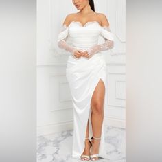 Fashion Nova Dress For Sale - Cute For Bridal Events! Never Worn - Perfect Condition. Satin Maxi Dress Long Sleeve, Black Satin Maxi Dress, Courthouse Wedding Dress, Maxi Dress Long Sleeve, Corset Waist, Bandage Midi Dress, Houndstooth Dress, White Dress Party, Fashion Nova Dress