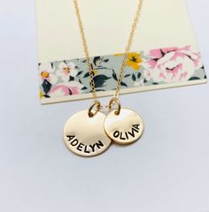 "Kids Names Necklace, Gold Disc Mom Necklace Please make sure you don't forget to put the information for personalization in the note to seller box at check out :) This is a hand stamped 14k Gold Filled necklace. This necklace comes with a 1/2 14k gold filled disc and a larger 5/8\" 14k gold filled disc. Chain is a 16, 18 or 20\" 14k gold filled cable chain. Please provide the following at checkout in message to seller box: - 1/2\" disc ( up to 9 characters) - 5/8\" disc ( up to 14 characters) E Everyday Gold Cadmium-free Charm Necklace, Gold Adjustable Round Disc Charm Necklaces, Gold Hand Stamped Name Necklace For Mother's Day, Nickel Free Round Disc Yellow Gold Necklace, Nickel Free Yellow Gold Round Disc Necklace, Nickel-free Yellow Gold Round Disc Necklace, Adjustable Gold Round Name Necklace, Gold Hand Stamped Jewelry For Mom, Gold Hand Stamped Jewelry As Gift For Mom