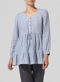 Linen Tiered Pullover Top Chic Long Sleeve Viscose Tunic, Chic Spring Tunic For Workwear, Chic Spring Workwear Tunic, Spring Tunic For Workwear, Chic Linen Blouse For Layering, Chic Linen Tops For Layering, Chic Long Sleeve Tunic For Day Out, Spring Linen Tunic For Layering, Elegant Linen Tops For Layering