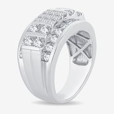 Ring Style: Mens Fashion RingsFeatures: Certified DiamondsDiamond Clarity: I2-I3Setting: Multi-SettingStone Cut: PrincessDiamond Color: I-JMetal Color: WhiteRing Gallery Height: 5.7mmRounded Carat Weight: 3 Ct. T.w.Band Width: 6.5mmCare: Wipe CleanStone Type: 35 Natural DiamondAuthenticity: Natural DiamondBirthstone: April BirthstoneMetal: 10k White GoldCountry of Origin: Imported White Signet Ring With Diamond Accents For Anniversary, Classic Diamond Ring With Vvs Clarity And Wide Band, Classic White Signet Ring For Anniversary, Classic Rings With Channel Set Wide Band, White Wide Band Diamond Cut Diamond Ring, Classic Wide Band Rings With Channel Set, White Diamond Ring With Wide Band For Formal Events, White Diamond Ring With Wide Band For Formal Occasions, Formal White Diamond Ring With Wide Band