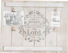 an old door with some pictures and magnets attached to it that says for me and my house we will serve the lord