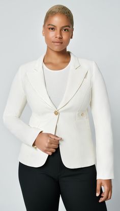 Style Notes: This blazer is quintessentially SMYTHE: refined and perfectly tailored. This timeless classic has been a SMYTHE staple since 2011.Details: Decidedly tailored and one of our top selling silhouettes, this single-breasted blazer features a “cheeky” cut out back vent and brass hardware. Curvy figures may wish to go up a size.Color: IvorySize: Model is 5'11" and is wearing a size 2. Please use the Size Guide to determine your size.Content + Care: 100% Wool. Lining: 100% Cupro Rayon. Dry Timeless Blazer With Lapel Collar And Hidden Button Closure, Tailored Structured Formal Blazer, Chic Structured Single Breasted Blazer, Chic Structured Single-breasted Blazer, Tailored Structured Blazer For Formal Occasions, Chic Single-breasted Structured Blazer, Timeless Notch Lapel Blazer, Timeless Long Sleeve Single Button Blazer, Timeless Notch Lapel Blazer With Buttons