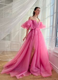 Azalea Organza Gown Pink Floor-length Ball Gown For Bridesmaid, Pink Tulle Gown With Sweep Train, Pink Floor-length Bridesmaid Evening Dress, Pink Floor-length Bridesmaid Gown, Pre-draped Organza Evening Dress For Wedding, Pink Tulle Evening Dress For Gala, Pink Tulle Skirt Gown For Gala, Pink Bridesmaid Ball Gown, Ethereal Pink Dress For Party