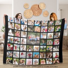 a woman holding up a blanket with photos on it