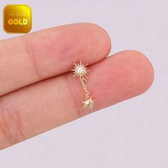 Metal: 14k solid gold, Available Gold color: Yellow gold  Guaranteed Authentic: 14k Solid Gold，Not Gold Plated or Gold Filled Stone:  CZ Thickness:0.82mm (20G) Stamp:14k ★Every ear is different, the length of backings that most suitable for your ear will depend on your ear thickness ★Titanium is a very safe metal, so we don't plate it, in order to avoid some people are allergic to the plating material. NOTE The item combined by 14k solid gold and implant grade titanium push in back,  packed in a beautiful Jewelry Box   SHIPPING ADDRESS All the orders will ship to the supplied address through your Etsy Order, Please leave your phone number,will give to carrier for safe deliver. We will not send and replacement parcels due to incomplete or inaccurate address.  PACKING ●Can be Gift packed inc Tiny Gold Dangle Cartilage Earrings, Celestial Gold Piercings As Gift, Gold Celestial Style Piercings As Gift, Celestial Gold Piercings For Gift, Celestial Gold Dangle Cartilage Earrings, Gold Star Cartilage Earrings For Pierced Ears, Gold Piercings With Star Charm As Gift, Gold Dainty Star Cartilage Earrings, Gold Dainty Cartilage Earrings With Star Charm