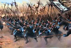 a painting of men in uniforms with spears