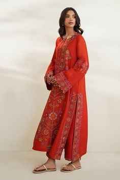 Iva Traditional Pant Set With Floral Embroidery For Eid, Designer Long Sleeve Pant Set For Spring, Embroidered Long Sleeve Pant Set For Designer Wear, Red Floral Print Straight Kurta Set, Embroidered Anarkali Pant Set For Spring, Red Chikankari Embroidery Sets For Spring, Spring Red Chikankari Embroidered Sets, Spring Resham Embroidered Straight Kurta Palazzo Set, Spring Floor-length Palazzo Set With Resham Embroidery