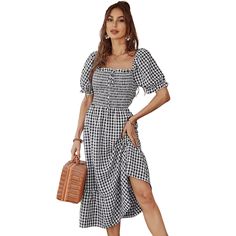 Black Plaid Print Square Neck Midi Dress Fitted Midi Dress For Outing, Fitted Midi-length Dress For Outing, Casual Fall Picnic Dresses, Casual Black Midi Dress For Day Out, Chic Fitted Midi Dress For Picnic, Chic Fitted Midi Dress For Picnics, Black Square Neck Mini Dress For Vacation, Chic Knee-length Dress For Picnic, Casual Black Square Neck Dress