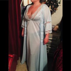 Beautiful Light Blue Satiny Nylon With Lace Accents Along Bust Line And Robe. Full Length Peignoir/Negligee/Nightgown And Robe Set. Size Large In Beautiful Condition. I Did Not Come Across Any Rips, Holes,Or Snags.The Inside Tie For Robe Has Detached From One Side, Easy Fix Model Is 5’0, 150lbs, 36/C Size Large Please See All Pics Ask Questions Before Buying No Returns Smoke Free Dog Friendly Home If Unable To Get To The Post Office During The Week I’ll Ship Out On Saturday Thank You Sheer Blue Nightgown, Blue Sheer Sleepwear For Wedding Night, Sheer Blue Sleepwear For Wedding Night, Blue Sheer Nightgown, Blue Sheer Lace Sleepwear, Blue Lace Nightgown For Loungewear, Blue Lace Sleepwear For Night, Blue Lace Nightgown For Sleep, Nightgown And Robe