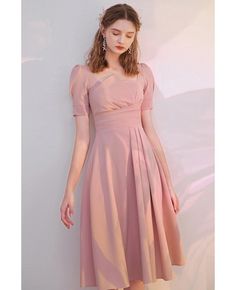 Buy elegant ruffled pink knee length semi party dress with sleeves high quality at affordable price online. Free shipping and pro custom service since 2009. Pink Tea Length Midi Dress For Cocktail, Pink Square Neck Dress For Banquet, Pink Tea-length Midi Dress For Cocktail, Pink Tea-length Cocktail Midi Dress, Pink Fit And Flare Midi Dress For Party, Solid Spring Midi Dress For Banquet, Solid Midi Dress For Spring Banquet, Spring Solid Midi Dress For Banquet, Spring Solid Color Midi Dress For Banquet