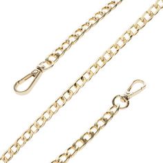 Use this Gold Link Chain Strap to enhance your style! This curb chain strap boasts a brilliant, metallic gold color for lots of shine as you walk. The chain of large open links is complete with a matching rotating lobster clasp on each end, so you can attach it to your purse loops. Use it as a replacement strap on a broken bag, or use it to finish off your handmade accessory. Dimensions: 	 Length: 42 3/4" 	 Width: 9/16" Package contains 1 strap. Adjustable Gold Chain Link Necklace, Gold Party Glasses Chains, Adjustable Link Gold Chain Necklace, Trendy Gold Chain Link Glasses Chains, Adjustable Curb Chain Necklace, Gold Adjustable Chain Belt For Formal Occasions, Gold Metal Glasses Chains As Fashion Accessory, Trendy Metal Glasses Chains With Chain Strap, Gold Glasses Chains Fashion Accessory