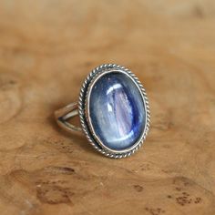 Blue Kyanite Boho Ring - Sterling Silver Ring - Silversmith Ring - Deep Blue Ring Unique Blue Moonstone Cabochon Ring, Unique Blue Cabochon Moonstone Ring, Handmade Blue Celestial Rings, Handmade Celestial Blue Rings, Blue Celestial Moonstone Ring As A Gift, Blue Celestial Moonstone Ring As Gift, Blue Oval Moonstone Ring, Blue Celestial Moonstone Ring Gift, Blue Moonstone Cabochon Ring