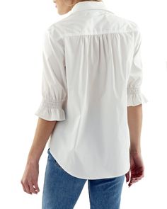 Button front white poplin blouse Elbow length puffed sleeve with smocked cuff Shirring along shoulder seam 60% Cotton / 35% Poly / 5% Spandex Puff sleeve poplin blouse with relaxed shape Hand or machine wash Made in USA Style # 3168031 More sizes/colors available at NeimanMarcus.com Underarm Stains, Poplin Blouse, Poplin Top, Linen Blouse, Basic Shirts, Different Outfits, Elbow Length Sleeve, Poplin Shirt, Black Print