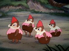 the three little pigs are dressed up in pink and brown outfits, with red hats on their heads