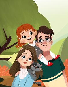 a family is posing for a photo in front of some trees and leaves with an animal on their shoulders