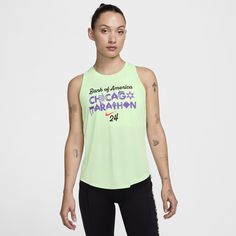 Celebrate the legendary Bank of America Chicago Marathon in this easy-fitting running tank top. Soft, smooth fabric feels breathable while sweat-wicking tech dries quickly. Plus, with graphics inspired by Chicago's iconic skyline and dynamic art scene, you can stay close to the Windy City long after the race. Technical Graphic Print Activewear For Workout, Summer Athleisure Activewear For Marathon, Moisture-wicking Medium Support Tank Top For Sports, Nike Moisture-wicking Activewear For Marathon, Nike Sweat Resistant Running Tops, Nike Sweat Resistant Tops For Running, Sporty Graphic Print Muscle Tee For Sports, Breathable Stretch Activewear For Marathon, Sporty Tank Top With Graphic Print For Sports Season