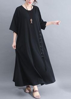 DIY black half sleeve cotton quilting dresses big hem summer Dresses – SooLinen Cotton Dress Outfit, Summer Dresses Diy, Gaun Koktail, Big Size Outfit, Dresses Materials, Black Cotton Dress, Big Size Fashion, Dresses Diy, Big Size Dress